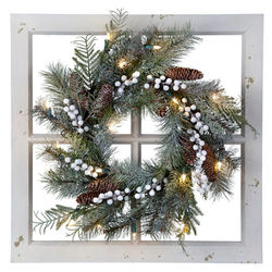 Frosted Christmas Wreath on Distressed Window Frame