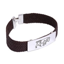 Men's Charging Bull Sterling Silver and Leather Bracelet