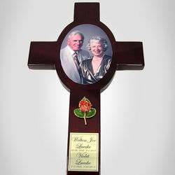 Couple's Memorial Photo Wall Cross with Mini Gold Rose