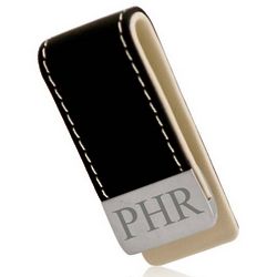 Personalized Black Leather and Brushed Steel Money Clip