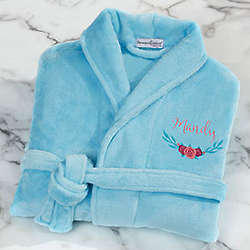 Blue Floral Embroidered Short Fleece Bath Robe
