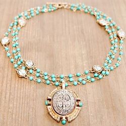 Benito Medallion Triple Strand Turquoise Necklace
