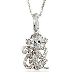 Diamond Monkey Pendant Necklace in Silver