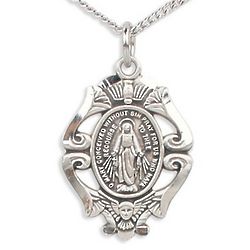 Sterling Silver Filigree Miraculous Medal on 18 Inch Chain