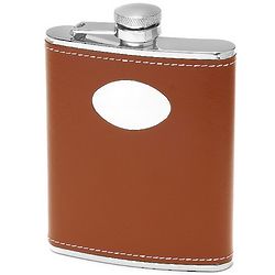 Engraved Stainless Steel and Brown Leather Flask