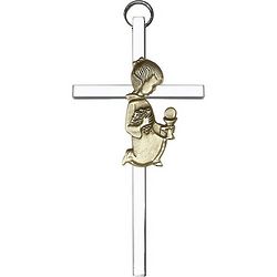 Antique Gold Communion Girl on a Polished Silver Finish Cross