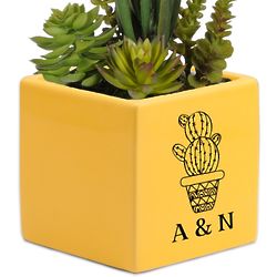 Personalized Yellow Ceramic Succulent Cube Vase