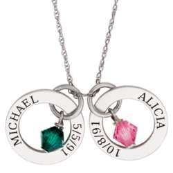 Sterling Silver Couple's Name and Date Birthstone Dangle Necklace