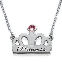Engraved Crown Birthstone Necklace in Silver