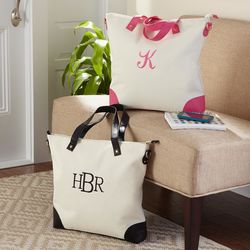 Personalized Monogram Canvas Tote with Faux Leather Trim