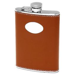 Large Engraved Stainless Steel and Brown Leather Flask