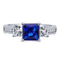 Sterling Silver Princess Cut Simulated Blue Sapphire 3-Stone Ring