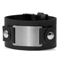Engraved Stainless Steel and Wide Black Leather ID Bracelet