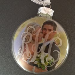 Monogrammed Glass Ornament with Photo Option