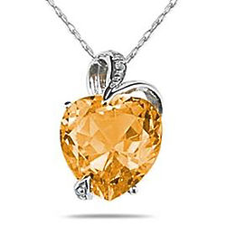 Citrine Heart and Diamond Pendant in 14 Karat White Gold