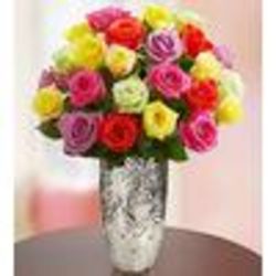 Two Dozen Assorted Roses with Silver Embossed Vase