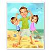 Dad and Kids on Beach Caricature